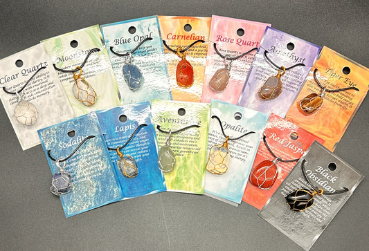 Natural Gemstones Wire Wrapped Necklaces, 13 varieties in gold & silver wrap. (VPS-02)