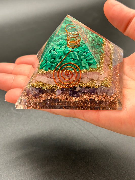 Pyramid, Orgonite, Malachite, Amethyst, Rose Quartz (VPS-09)