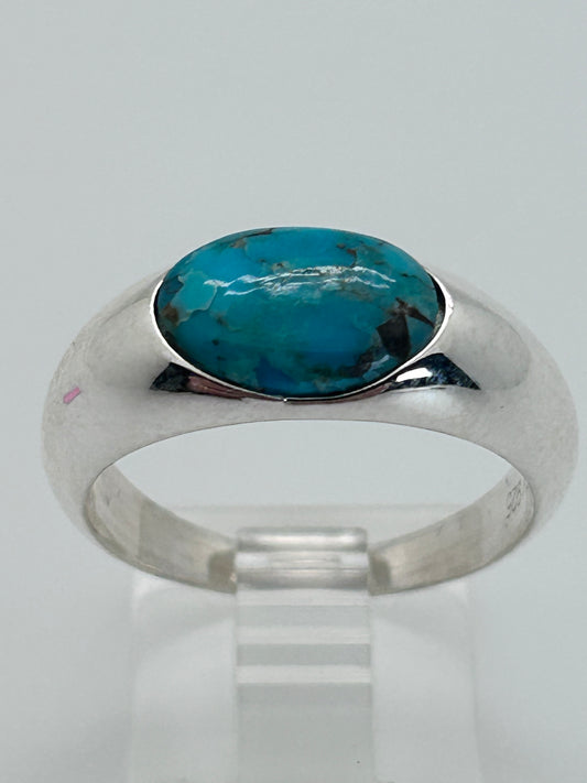 Jewelry, Women's Ring Tibetan Turquoise, Horizontal Oval, Sterling Silver Size 9 - SKU(JWR-21a)