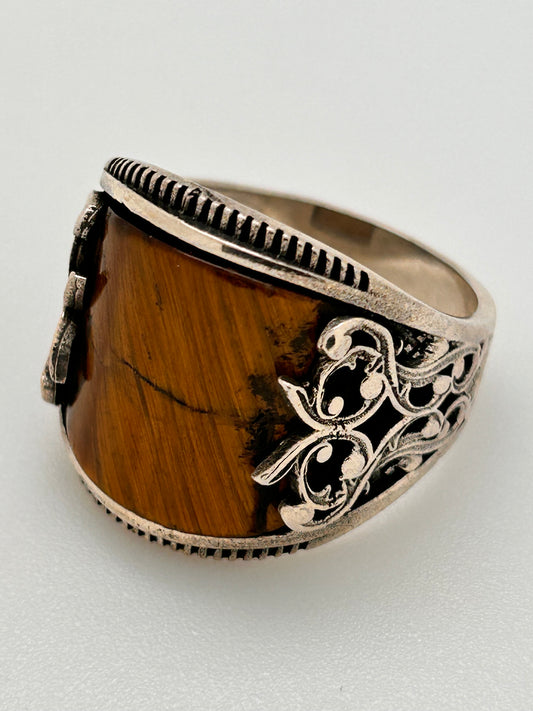 Men's Ring, Tiger Eye, Square, Ivy Design on side. Size 9 (JMR 09)