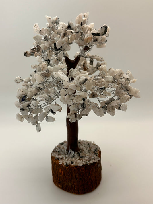 Home & Office Decor, Crystal Tree, Moonstone, 500 Chips, 9" Tall on Wood Base (DCT-05)