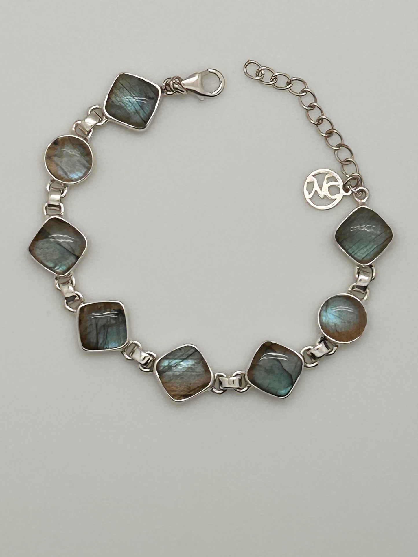 Jewelry, Bracelet, Labradorite, 8 Stones, Sterling Silver, 16g - (JB-01a)