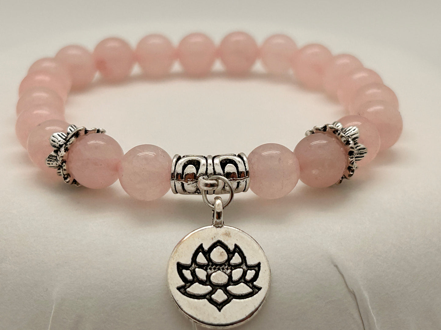 Jewelry, Bracelet, Rose Quartz, 8mm, with Lotus Flower Charm 22g - SKU(JB-26)