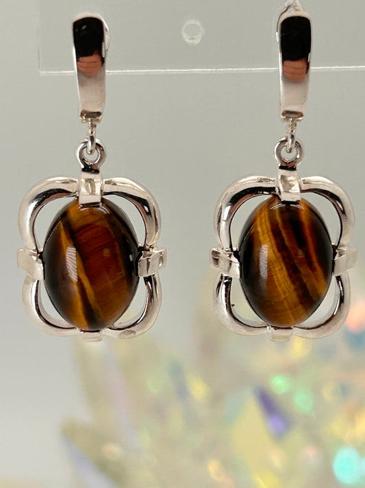 Jewelry, Earrings, Tiger's Eye, Oval, Rounded Top, Frame, Sterling Silver, 14x9mm - SKU(JE-01)