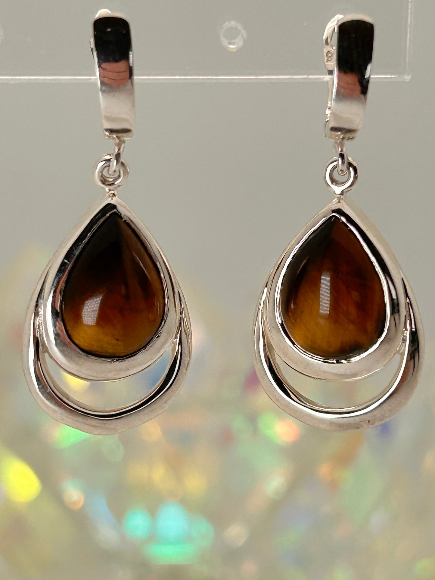 Jewelry, Earrings, Tiger's Eye, Pear, Rounded Top, Loops, Sterling Silver, 13x9mm - SKU(JE-02)