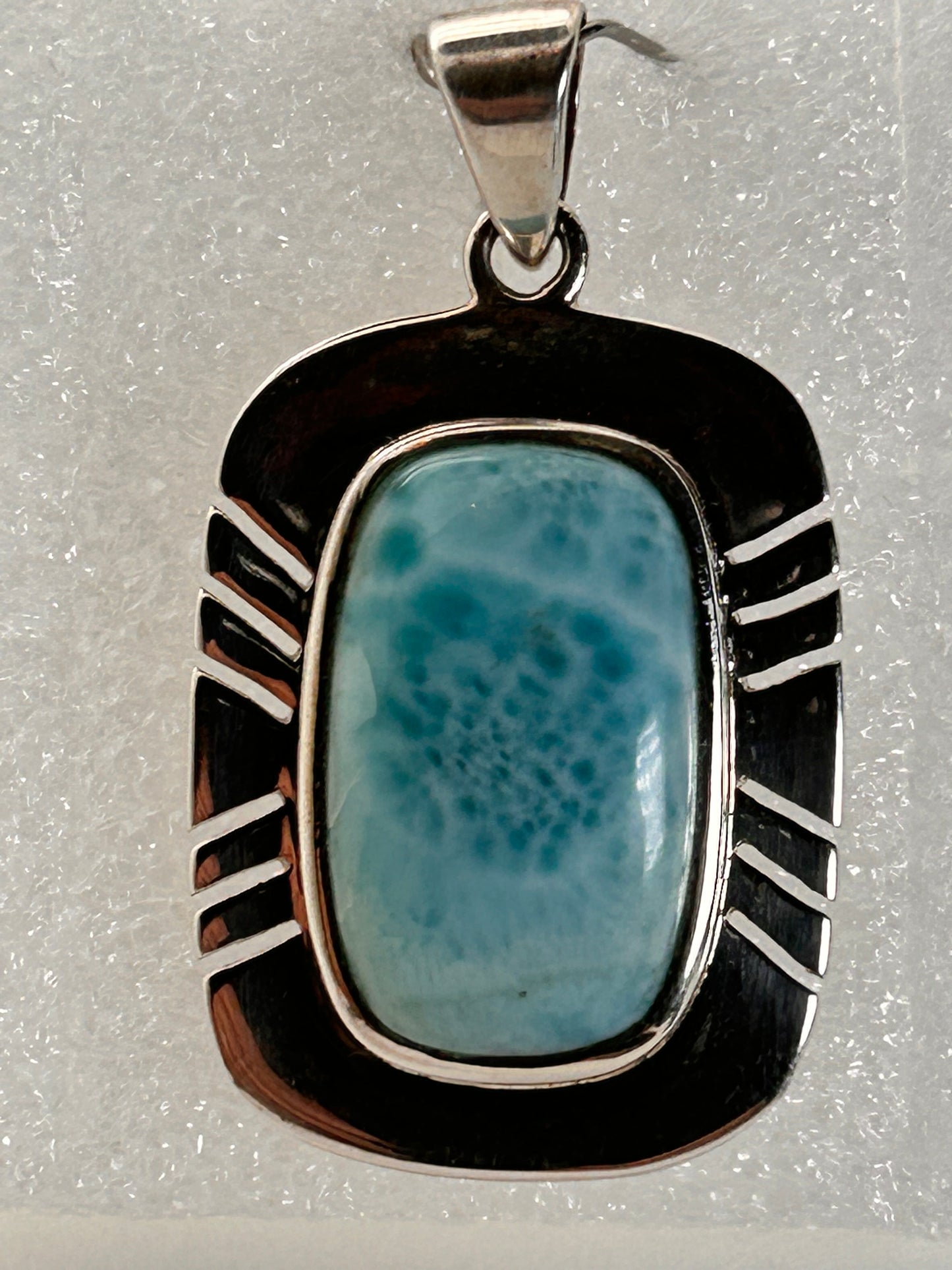 Jewelry, Pendant, Larimar, Rectangular Cut Bezel Set on Extra Silver Plate with cut Edges V Bail Pendant - SKU(JP-21)