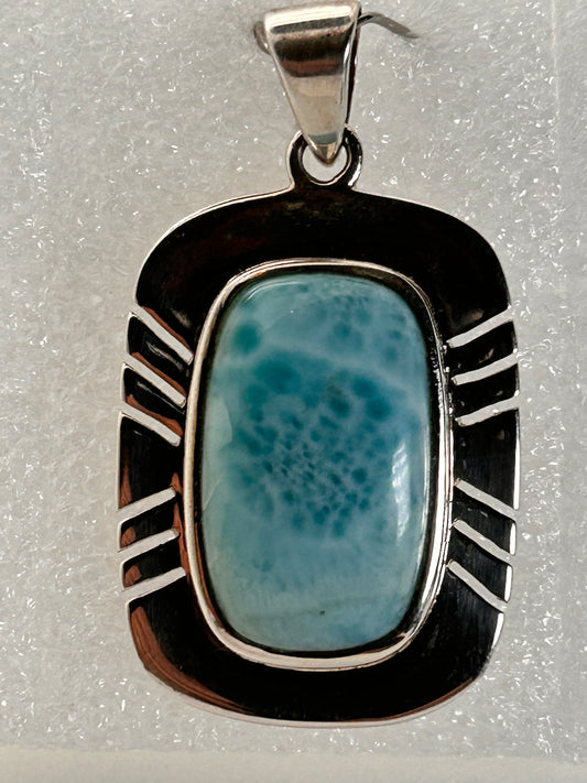 Jewelry, Pendant, Larimar, Rectangular Cut Bezel Set on Extra Silver Plate with cut Edges V Bail Pendant - SKU(JP-21)