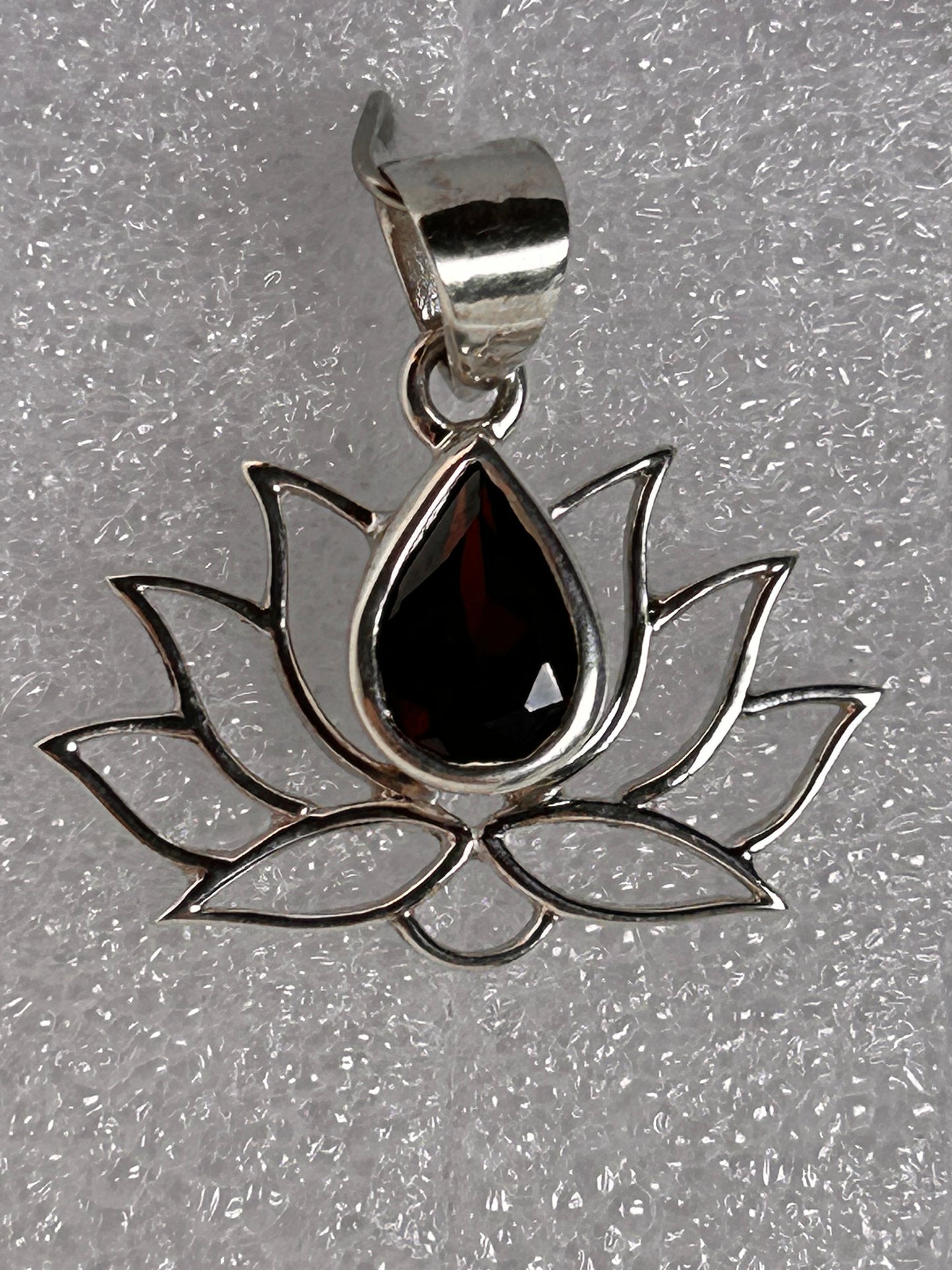 Jewelry, Pendant, Red Garnet, Halo Silver Lotus V Bail, Centered with Bezel set Drop Cut Faceted - SKU(JP-03)