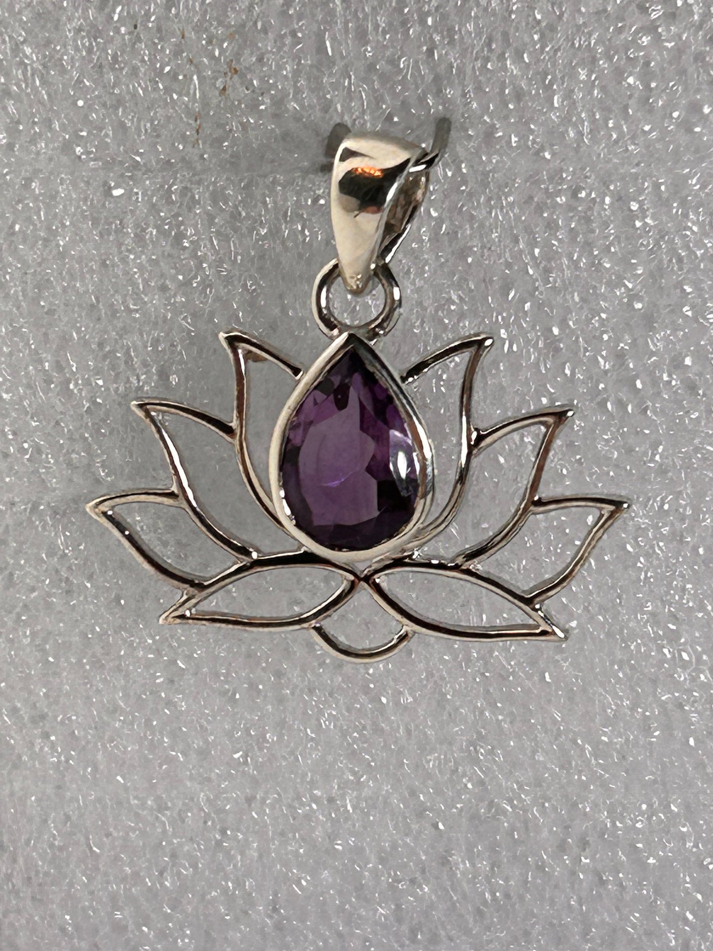 Jewelry, Pendant, Amethyst, Halo Silver Lotus V Bail, Centered with Bezel set Drop Cut Faceted - SKU(JP-04)