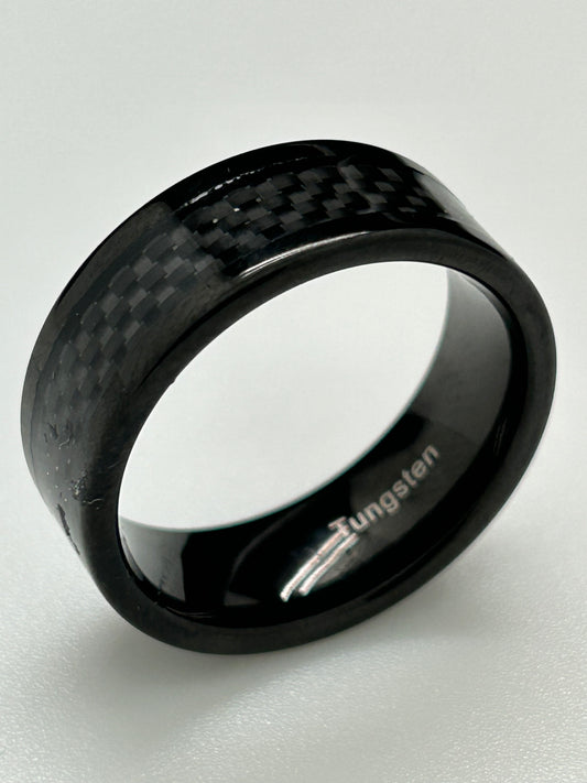 Men's Ring, Tungsten, Black Polished Finish with Checkered Inlay (JMR 19)