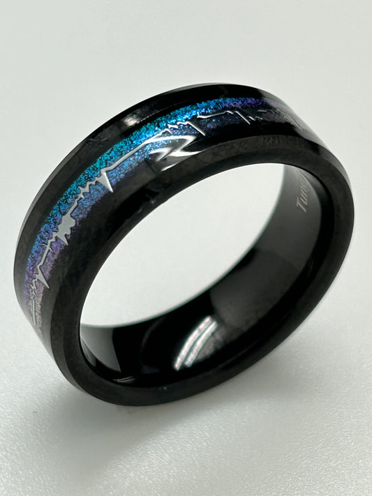 Men's Ring, Tungsten, Black with Blue Inlay and EKG Scribe (JMR 21)