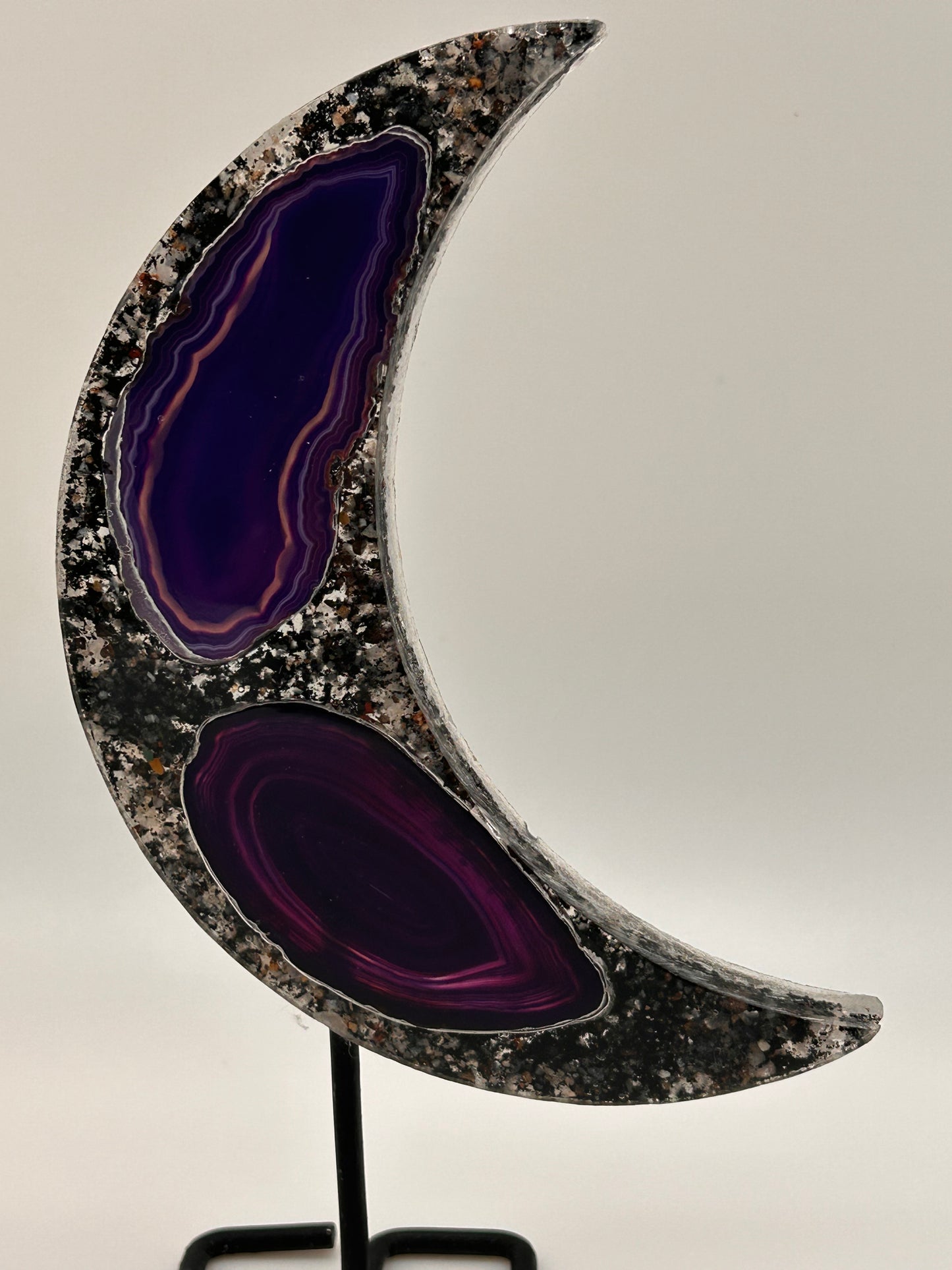 Home & Office Decor, Crecent Moon on Metal Stand, 2 Purple Agates - (DCM-02)