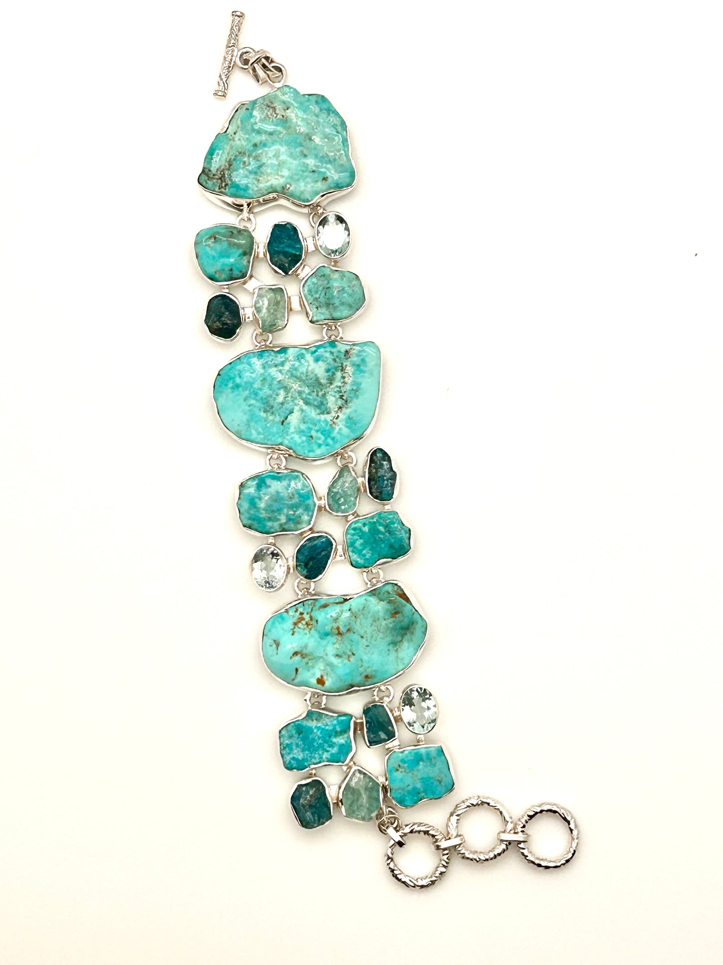 Jewelry, Bracelet, Turquoise, Aquamarine, Topaz, 21 Stones, Sterling Silver, 58g - SKU(JB-06)