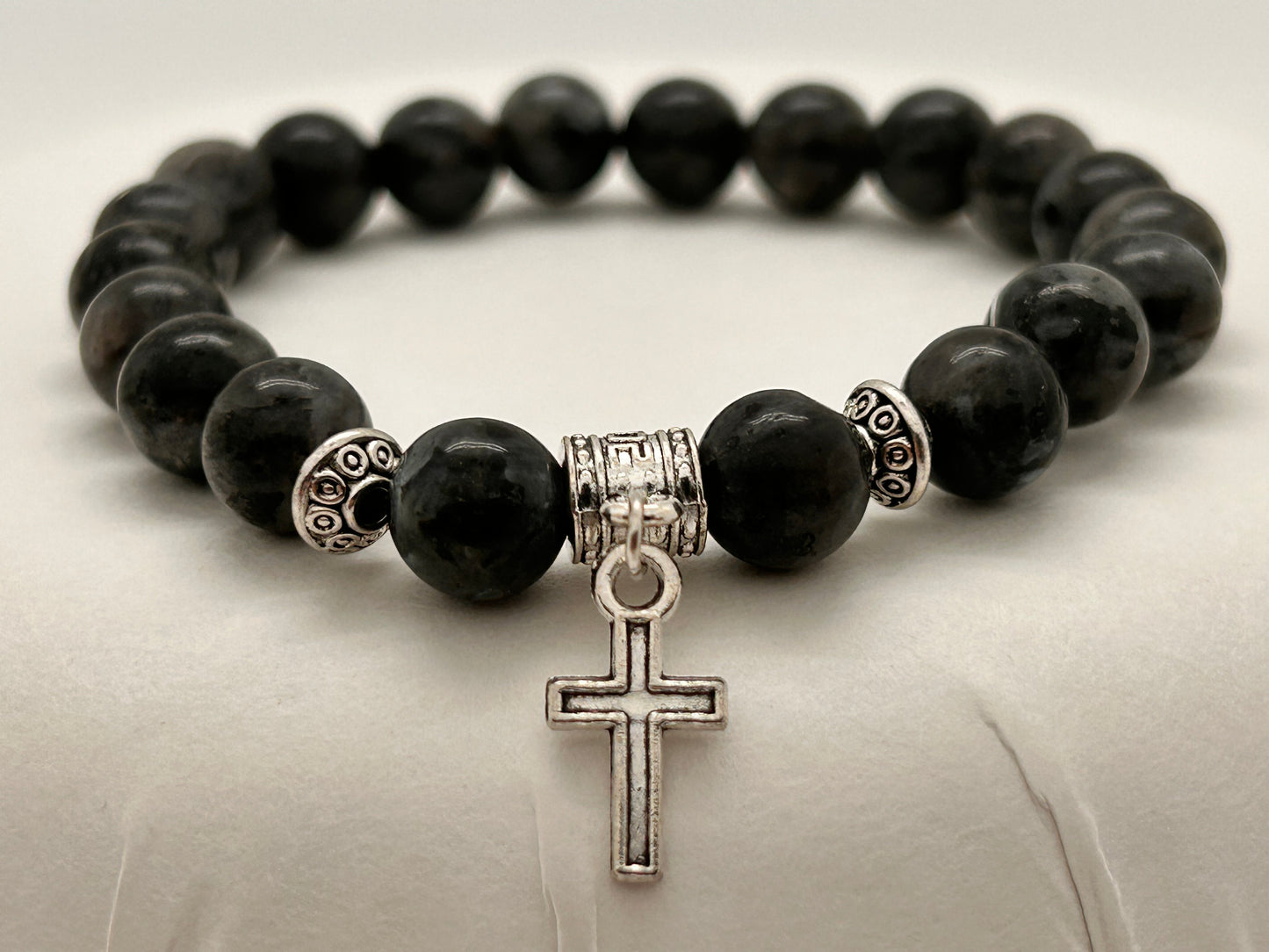 Jewelry, Bracelet, Larvakite, 6mm, with Cross, 26g - SKU(JB-28)