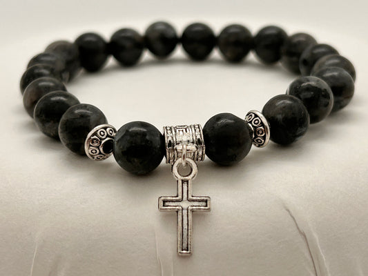 Jewelry, Bracelet, Larvakite, 6mm, with Cross, 26g - SKU(JB-28)