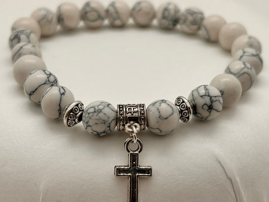 Jewelry, Bracelet, Howlite, 6mm, with Cross, 14g - SKU(JB-27)